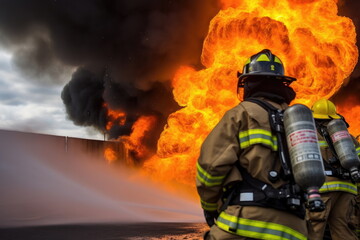 Naklejka premium Firefighter training in fire, big fire