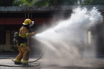 Firefighter training in fire, using fire hose chemical water foam spray engine, big fire background