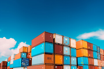 Shipping containers stacked against blue sky. Generative ai