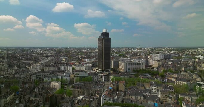 Aerial landscape of the city of Nantes, France. Birds eye of the city center and rooftops. Aerial view of Nantes town, one of main north-western French metropolitan agglomerations