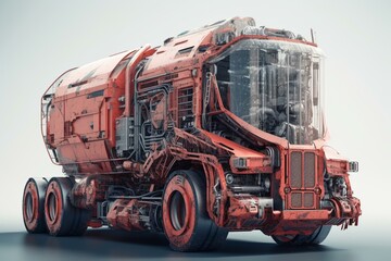 Futuristic truck with powerful engine and long trailer on white background. Generative AI