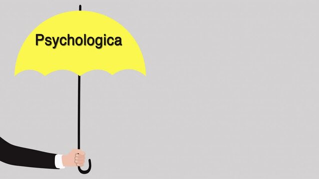 A male hand in a business suit holding a yellow umbrella, the umbrella opens, and text appears - Psychological Safety. A safe space created for people who feel marginalized. Social support.