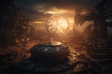 Steampunk apocalypse background with Doomsday Clock. Generative AI