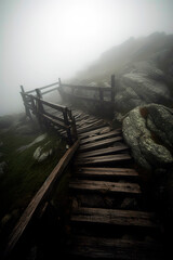 Naklejka premium Dilapidated wooden bridge emerging from the cliff, surrounded by thick fog.