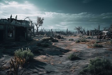 A barren post-apocalyptic terrain: ruined, devastated, deserted and lifeless. Generative AI