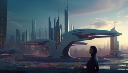 The girl stands and looks at the futuristic city of the future