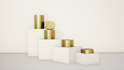 Abstract 3D products display podium showcase for scene with geometric shape. 3d rendering gold coins is saving on white stage concept. Lighting in luxury white and gold studio in lighting and shadow.
