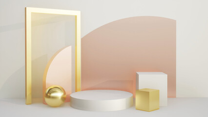 Abstract 3D products display podium showcase for scene with geometric shape. 3d rendering stage to show cosmetic products. Lighting in luxury white and pink gold studio in lighting and shadow.