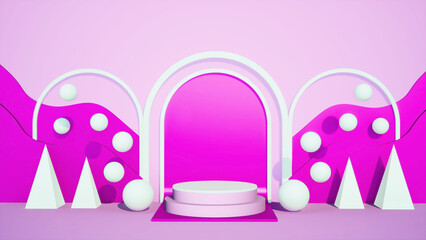 Abstract 3D products display podium showcase for scene with geometric shape. 3d rendering show cosmetic products. Lighting in luxury and pink framing in studio. Party and celebration concept.