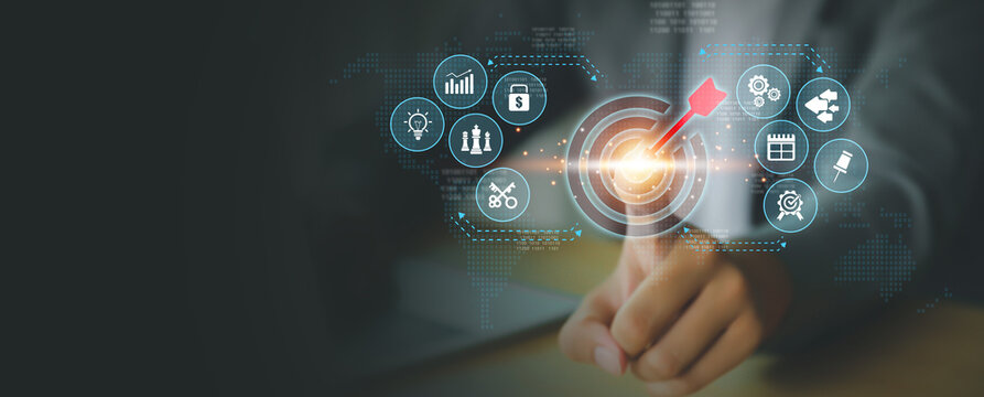 Dartboard or bullseye for business target goal digital transformation technology system and e-commerce strategy planning on online marketing and customer service ideas.