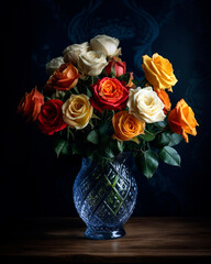 Bouquet of roses arranged randomly in a simple and elegant glass vase.