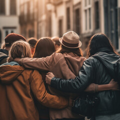 People hugging each other shoot from the back.