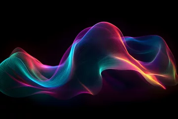 Keuken foto achterwand Fractale golven Abstract fluid 3d render holographic iridescent neon curved wave in motion background on the black background. Gradient design element for banners, backgrounds, wallpapers and covers. generative ai