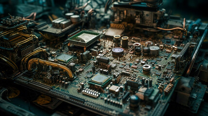 Dusty motherboard with electronic components in the style of dystopian landscapes.
