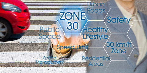 From road for cars to road for people - urban zone 30 concept with pedestrian crossing and car