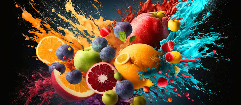Generative AI. An explosion of tropical fruits with splashes on a dark isolated background. Horizontal banner.