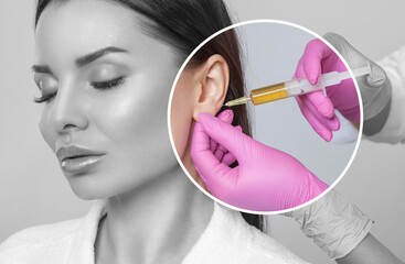 Cosmetologist does prp therapy for smoothing wrinkles and against flabbiness of skin on earlobe of a beautiful, young woman with clean skin in a beauty salon. Cosmetology concept.