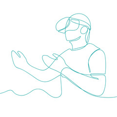 Male person with VR headset, virtual reality glasses, helmet.  Continuous line vector illustration.