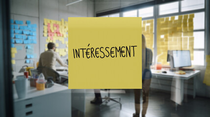 Profit-sharing ! A small paper stuck on the window, where it is written int&eacute;ressement, E replaced by &euro;. Translation of French text : incentive.
