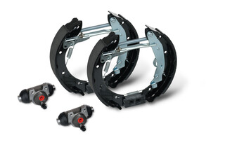 Rear drum brake kit pre-assembled set. Close-up detail on a white background.
