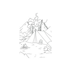 Vector illustration of a sketch drawing of an open-air camp.Forest,nature.