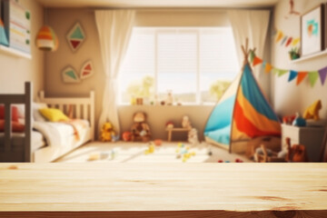 Empty wood table over blur background of childrens room with kid toys. Product display presentation