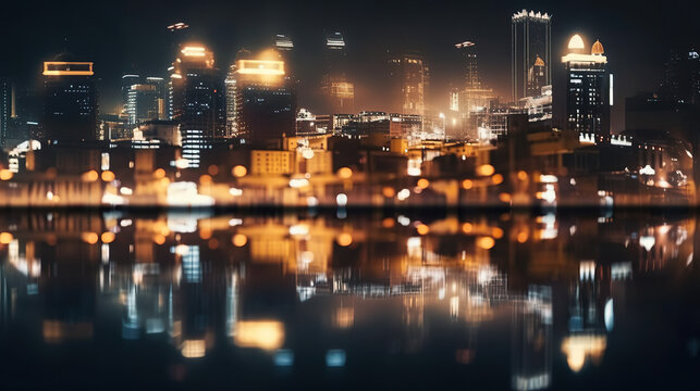 Defocused lights in city. The bokeh light from building and night city. Cityscape. Generative AI.