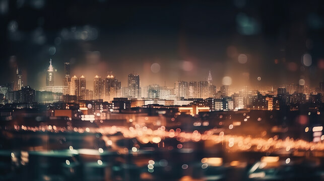 Defocused lights in city. The bokeh light from building and night city. Cityscape. Generative AI.