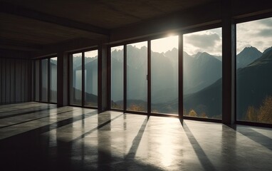 Spacious empty room with concrete floor and large glass windows and doors that lead to an astonishing view of some mountains. Generative AI.