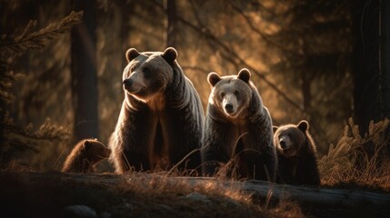 A cute family of brown bears in the woods. Generative AI illustration.