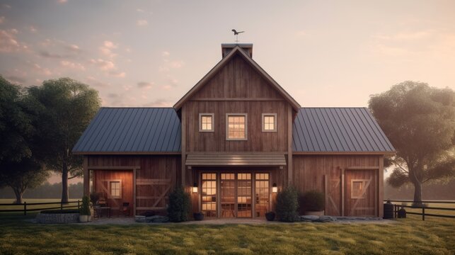 Barn exterior house design in daytime golden hour generative ai