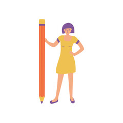 Student girl with pencil. Young woman in dress stands next to pencil. Theme of study, creativity, development. Colorful vector flat isolated illustration. Writer or businessman