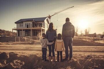 Couple with children looking at their new home. Concept about the acquisition of housing and the construction of a home for the family. Created with generative AI

