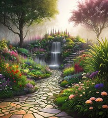 Fantasy garden, stone paths, flower bed, small waterfall, flowers, trees, castle, Generative AI Art Illustration 13