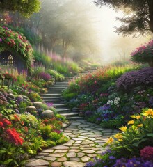 Fantasy garden, stone paths, flower bed, small waterfall, flowers, trees, castle, Generative AI Art Illustration 06