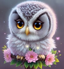 Baby owl in flowers, cute illustration with an owl, Generative AI Art Illustration 11