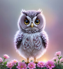 Baby owl in flowers, cute illustration with an owl, Generative AI Art Illustration 06