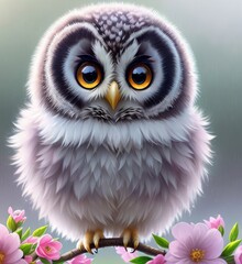 Baby owl in flowers, cute illustration with an owl, Generative AI Art Illustration 05