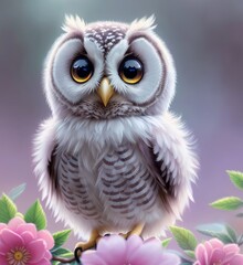 Naklejka premium Baby owl in flowers, cute illustration with an owl, Generative AI Art Illustration 02