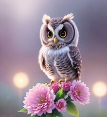 Obraz premium Baby owl in flowers, cute illustration with an owl, Generative AI Art Illustration 01