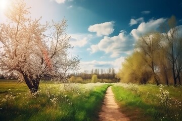 Obraz premium Spring background of a sunny day in the meadow. Generative AI.