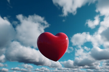 Naklejka na ściany i meble Love, passion and Valentine's day concept. Big heart in blue sky background with copy space. Big red reflective and minimalistic heart shape object flying in sky. Generative AI