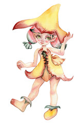 Fototapeta premium Watercolor cartoon fairy with magic wings. Watercolor hand draw fairy tale illustration. Illustartion with white isolated background. Perfect for greeting card, poster, wedding invitation, party decor