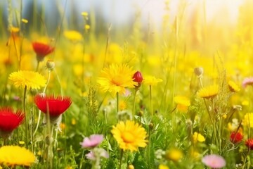Fototapeta premium View of the summer meadow on a sunny day. Generative AI.
