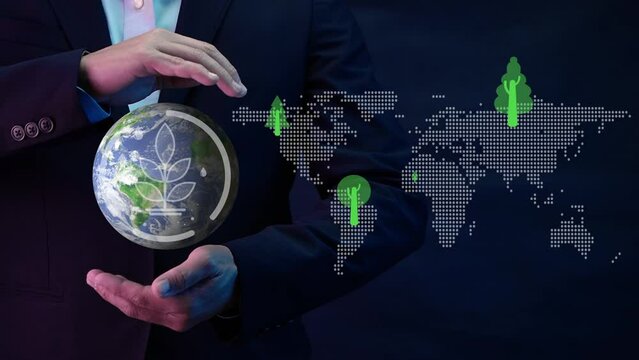 Businessman showing planet earth map with virtual tree icons. Net zero greenhouse gas emissions target. Climate neutral long term strategy. Ecological, renewable energy and save environment concept