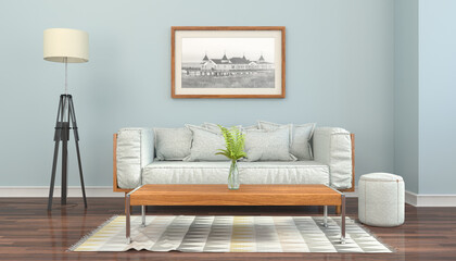 Illustration - Skandinavisches, nordisches Wohnzimmer mit einer Couch, Tisch, Teppich, Wandbild und einer Lampe  - Textfreiraum - Platzhalter