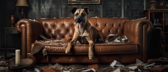 Fototapeta na wymiar A hilarious photo of a mischievous dog with a guilty expression that destroyed a sofa, generative Ai