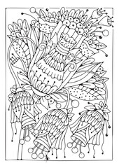 Coloring book page for children and adults. Black and white flowers for drawing.