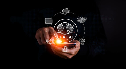 Chatbot Chat with AI, Artificial Intelligence. man using technology smart robot AI, artificial intelligence by enter command prompt for generates something, Futuristic technology transformation.