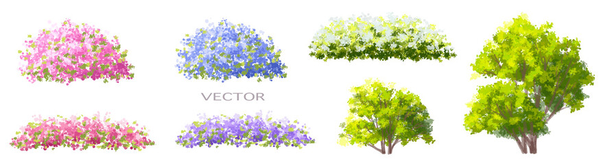 Vector watercolor blooming flower tree side view isolated for landscape and architecture drawing,...